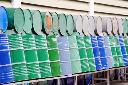 oil barrel stack in row in factoryの写真素材
