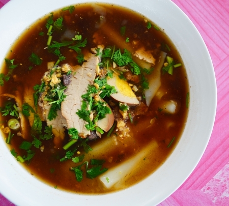 oriental Style Noodle Bowl on colorful tableの写真素材