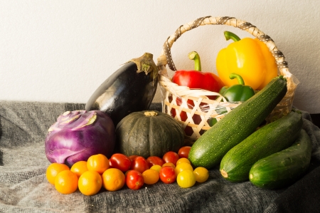 fruits and vegetables with pumpkins in autumn vintage still lifeの写真素材
