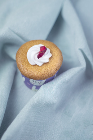 Strawberry Cup Cake on a table clothの写真素材