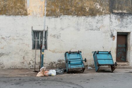 heritage house windows grunge texture wall with trash trolley