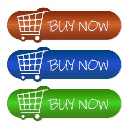 Set of buy now buttons on a white background, three color buttons, blue, orange, green, basket, shopping, vector illustration,のイラスト素材
