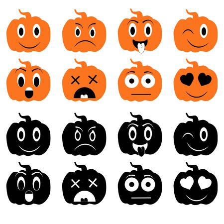 Set of 8 pumpkin emoticons in various facial expressions. Black and orange on a white background. Eps 10のイラスト素材