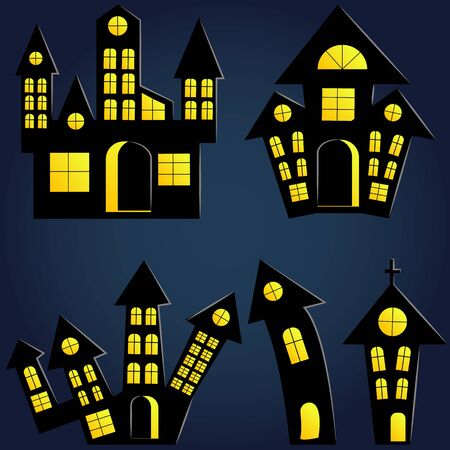 Set of house halloween silhouette with yellow windows, eps 10のイラスト素材
