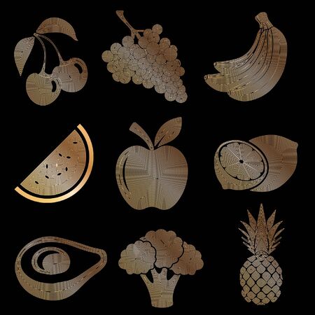 Set of fruit icons, fruit silhouette, golden fruits on a black background, cherry, grapes, banana, watermelon, apple, lemon, avocado, broccoli, pineapple, linear art, vector illustration, eps 10のイラスト素材