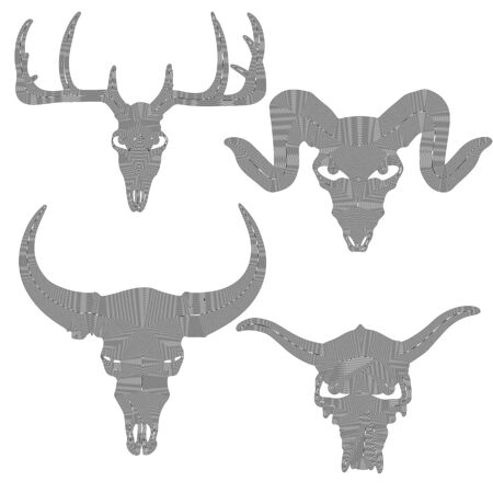 set of animal skull silhouette in black lines on white background, vector illustrationのイラスト素材