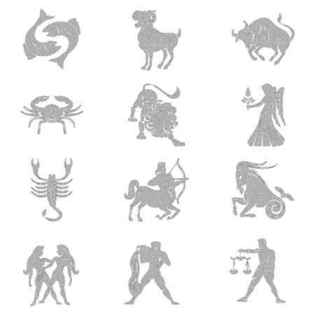 Set of zodiac signs, zodiac symbols, linear drawing, zodiac signs in black lines on a white background, vector illustrationのイラスト素材