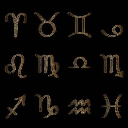 Set of signs of the zodiac, symbols of the zodiac, linear drawing, signs of the zodiac with golden lines on a black background, vector illustrationのイラスト素材