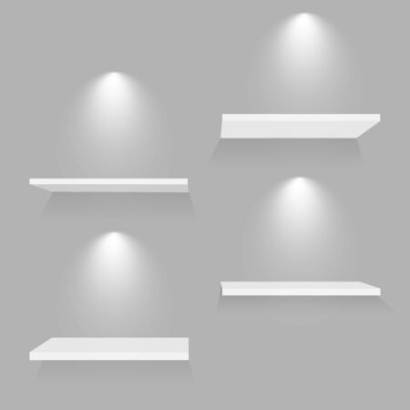 Realistic white shelves. Empty store bookshelf exposition shadows and lights on wall shop indoor. 3D museum interior vector template.のイラスト素材