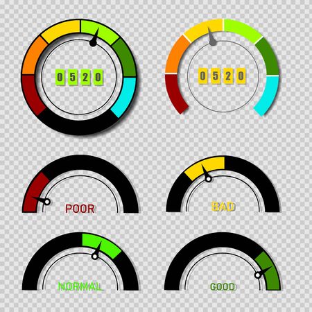 Scoring indicators. Goods gauge speedometers, rating meter indicators.のイラスト素材