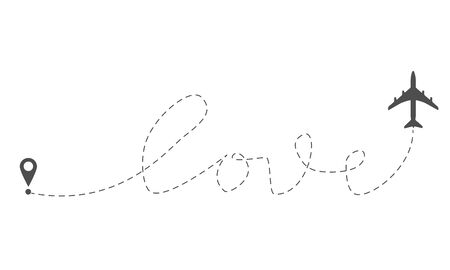 Love airplane route. Romantic travel, heart dashed line trace and plane routes. Hearted airplane path, flight air dotted love valentine day drawing isolated vector illustration.EPS10のイラスト素材