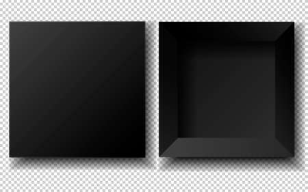 Black box packaging. Top view open and closed gift presentation boxes. Empty cardboard black carton package 3d vector mockup.のイラスト素材