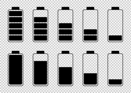 Set of battery charge level indicators black on a transparent background. EPS 10のイラスト素材