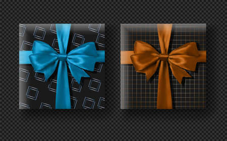 Set Black gift box with blue and brown bow vector illustration. EPS 10のイラスト素材