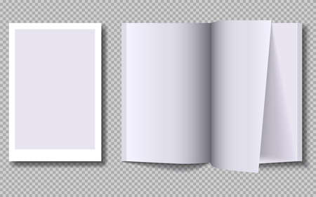 Blank brochure mockup template. Opened magazine with cover. Realistic vector illustration. Gray background.のイラスト素材