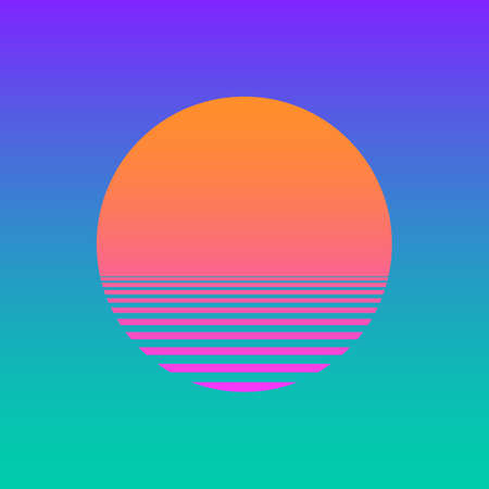Isolated sunset gradient on turquoise background. Vector illustration of sun in retro 80s and 90s style.のイラスト素材