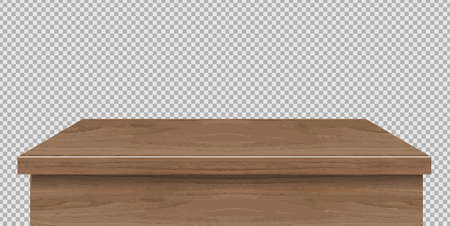 Wooden table foreground, tabletop front view, brown rustic countertop of wood surface. Retro dining desk or plank texture isolated on transparent background, realistic 3d vector mock upのイラスト素材