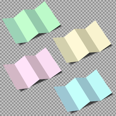 Set of folded realistic colored paper mockup sheets on transparent background. Isolated vector object.のイラスト素材