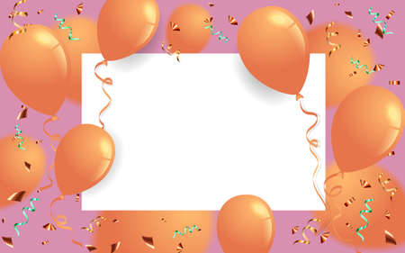 Greeting card. Festive template. Happy Birthday. Holiday. orange balloons on a pink background with Colored komfetiのイラスト素材
