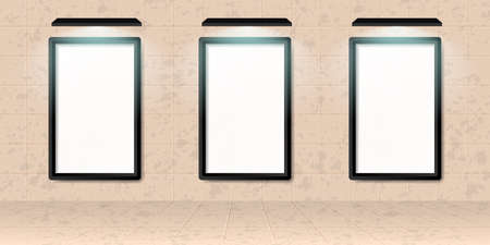 Three Realistic White Poster Mockup on the wall. Empty White Vector Poster Template with Shadow...