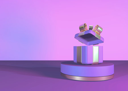 Pink 3d podium studio. Abstract modern stylish realistic design round stand with open gift box, neon light ring. Background for birthday, anniversary, sale, wedding. Web banner. 3d renderの写真素材