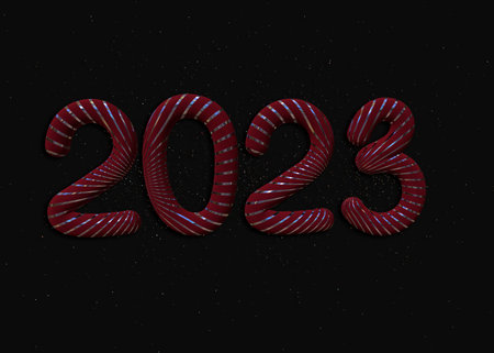 2023 3d Realistic Red and Gold Foil Balloons on black background. Merry Christmas and Happy New Year...
