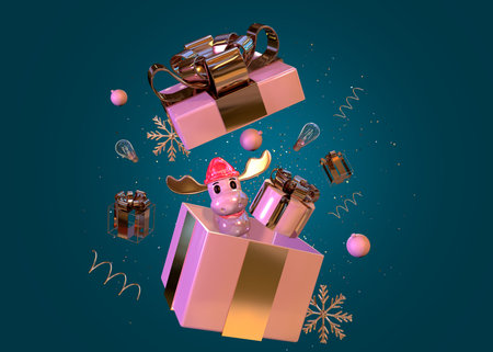 Realistic 3d gift boxes. Open gift box full of decorative festive object. New Year and Christmas design. Holiday banner, web poster, flyer, stylish brochure, greeting card, cover. Renderingの写真素材