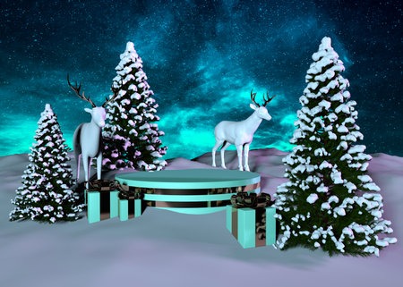 Christmas background with cylindrical podium for promotions. Round stage for the presentation of sale product. Stage pedestal or platform in snow between Xmas trees. 3d renderingの写真素材