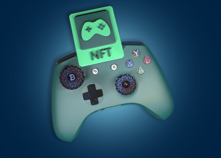 Crypto gaming concept. Video game controller with a bitcoin cryptocurrency coin and nft. 3Drender