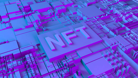 NFT nonfungible tokens concept - NFT word on abstract technology surface. 3d renderingの写真素材