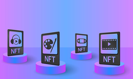 NFT, concept vector illustration of non-fungible tokens. NFT card on podium for banner, poster,...