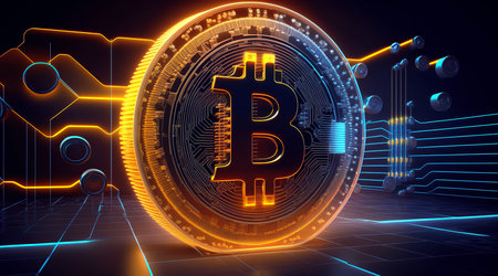 Neon bitcoin on a dark blue background. abstract image. Flash of electric lightning against the...