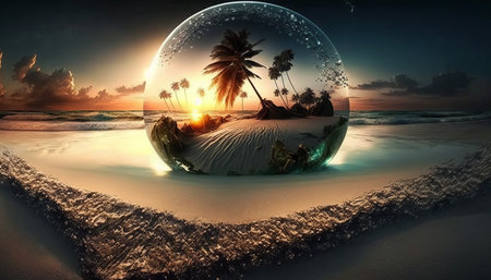lens ball with sunset or sunrise view. palm trees and seaの写真素材