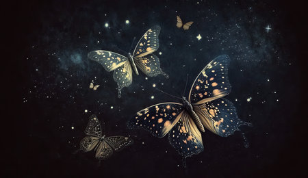 Magic butterflies with fantasy sparkle and blazing trail and glowing stars on black background. Illustrationの写真素材