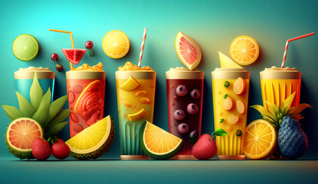 Tropical fresh juices in line. summer cocktails. Illustrationの写真素材