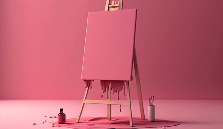 pink easel with streaks of paint on a pink background. minimalist illustrationの写真素材