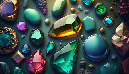 Multicolored gems on a dark background. Topaz, emerald, ruby diamondの写真素材