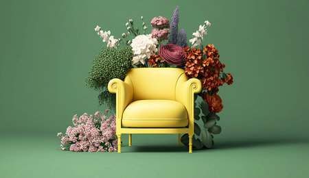 yellow armchair with flowers on a green background. advertising idea. creative composition.の写真素材