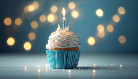 Cupcake with a candle on a blue background. holiday