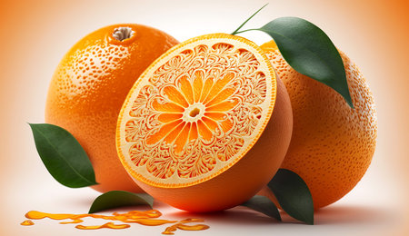 Orange with cut in half and green leaves isolated on white background. delicious illustrationの写真素材
