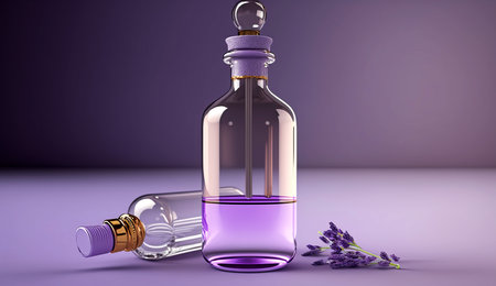 Natural lavender flower water or facial serum in a transparent glass dropper bottle on a lilac backgrounds.の写真素材