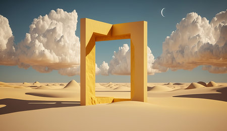 surreal desert landscape with white clouds entering yellow square portals on a sunny day. modern minimal abstract backgroundの写真素材
