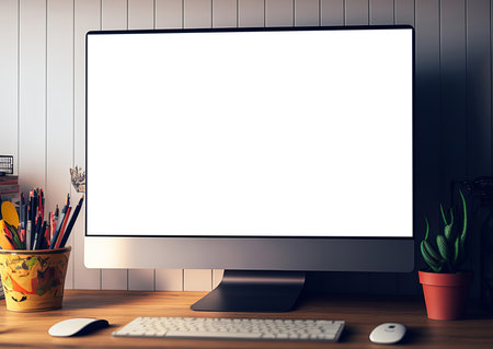 Desktop computer with blank screen in a minimal office space with decorations. monitor mockupの写真素材