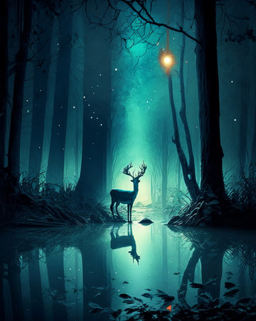 Beautiful mystical forest in blue fog. colorful landscape. nature backgroundの写真素材