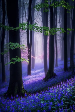 Glade of blue flowers in the forest, fog, trees. illustrationの写真素材