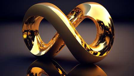 Infinite logo 3d golden ratio geometric shape, gold gradient infinity symbol technology symbol.の素材
