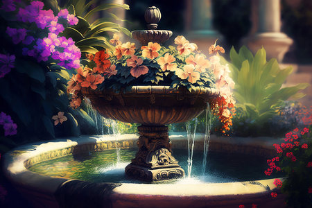 garden. Fountain in flowers Orange flowersの素材
