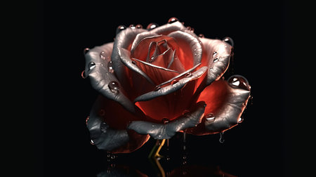 Close up Beautiful red rose with water drops on a black backgroundの素材