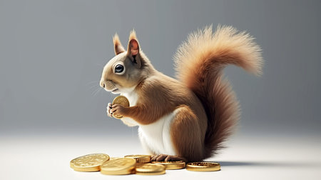 A squirrel holds a gold coin in its paws on a light backgroundの素材
