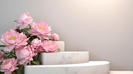 white step podium with peony flowers illustrationの素材